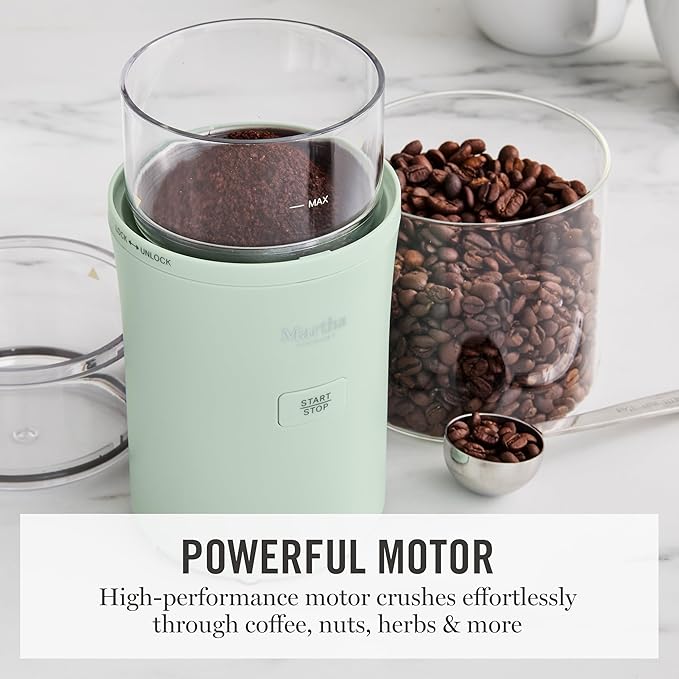 Martha Stewart Electric Coffee & Spice Grinder, Dual 2.5oz Removable Bowls, Storage Lids, Stainless Steel Blades, One Touch Pulse Control, 2-in-1 Compact, Beans & Spices, Herbs & Nuts, Honeydew Green