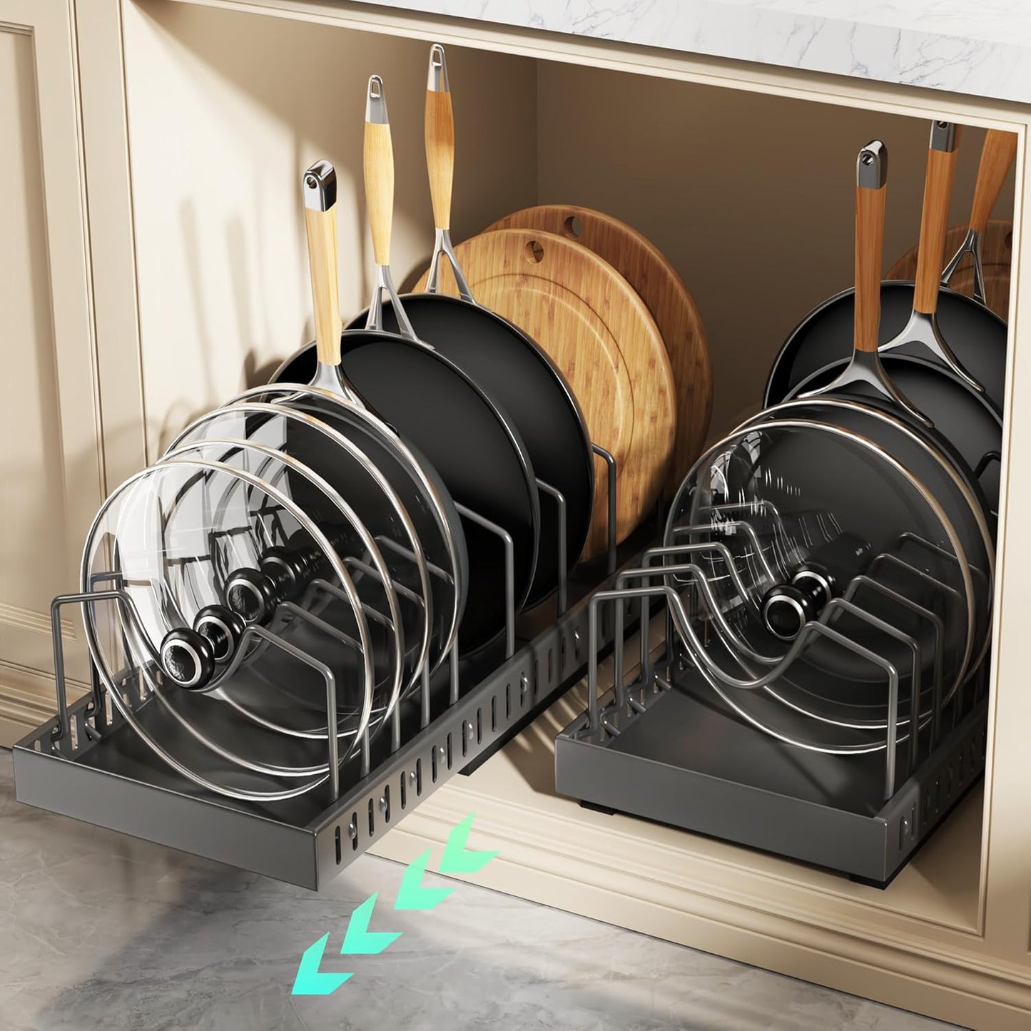 Pull Out Pots and Pans Organizer Under Cabinet, Expandable Sliding Lid Holder and Pan Rack for Kitchen, Slide Out inside Cabinet for Pot Lid, Bakeware, Dishes, 10 Adjustable Dividers, 2 Pack Black