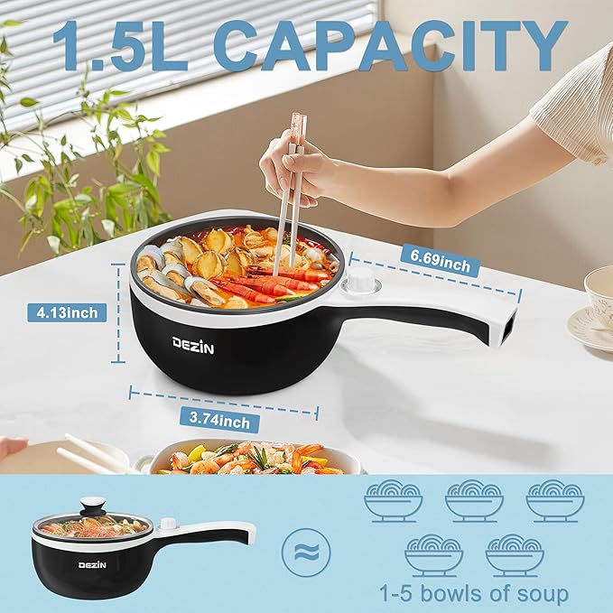 Dezin Hot Pot Electric Upgraded, Non-Stick Sauté Pan, Rapid Noodles Electric Pot, 1.5L Mini Portable Hot Pot for Steak, Egg, Fried Rice, Ramen, Oatmeal, Soup with Power Adjustment