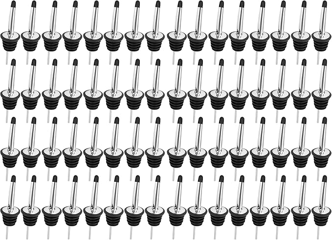 96 PCS Liquor Bottle Pourers, Stainless Steel Liquor Pour Spout, Olive Oil Spout, Bar Bartender Bottle Pourers for Alcohol with Rubber Dust Caps, Tapered Spout