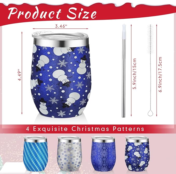 Sliner 4 Pack Pack Christmas Glitter Tumbler Bulk, 12 oz Holiday Wine Tumbler Set Stainless Steel Insulated Sparkling Glitter Cup with Lids Straws and Brushes Travel Mug Xmas Gift (Fresh Style)