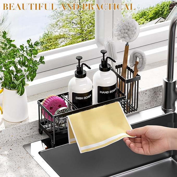 Kitchen Soap Dispenser Set with Sponge Holder and Towel Rack, 17OZ Glass Bottle, Hand and Dish Soap Dispenser Set, Non-Slip Silicone Pad, Brush Holder, Kitchen Sink Caddy Organizer Countertop (White)