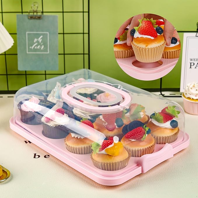 NPLUX Cupcake Containers with Lid Rectangular Cake Carrier 3-in-1 Multipurpose Cupcake Holder for Muffins Pies Sweets Pastries Fruit or Snacks(Pink, 13" x 9" x 4")