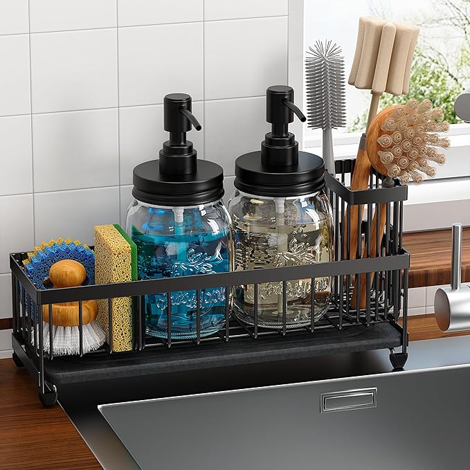 Galasily Mason Jar 16 oz Liquid Soap Dispensers Set with Large Kitchen Sink Caddy, Black Rustproof Stainless Steel Pump, Refill Hand Soap, Dish Soap, Vintage Farmhouse Decor for Bathroom, Kitchen