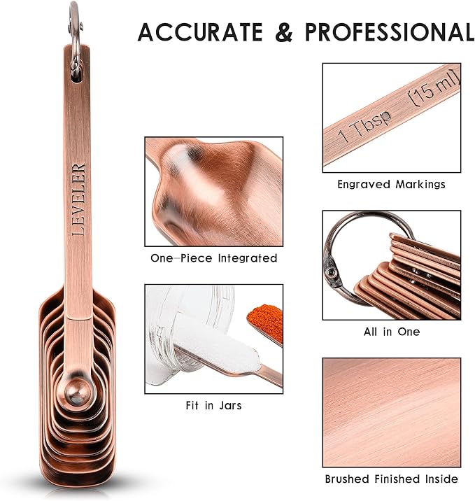 Copper Measuring Spoons Set 10, Stainless Steel Measuring Spoons for Kitchen & Baking, Long Handle Metric & US Metal Measure Spoon with 1/16tsp, 3/3tsp, 2/3tbsp for Spice Jar