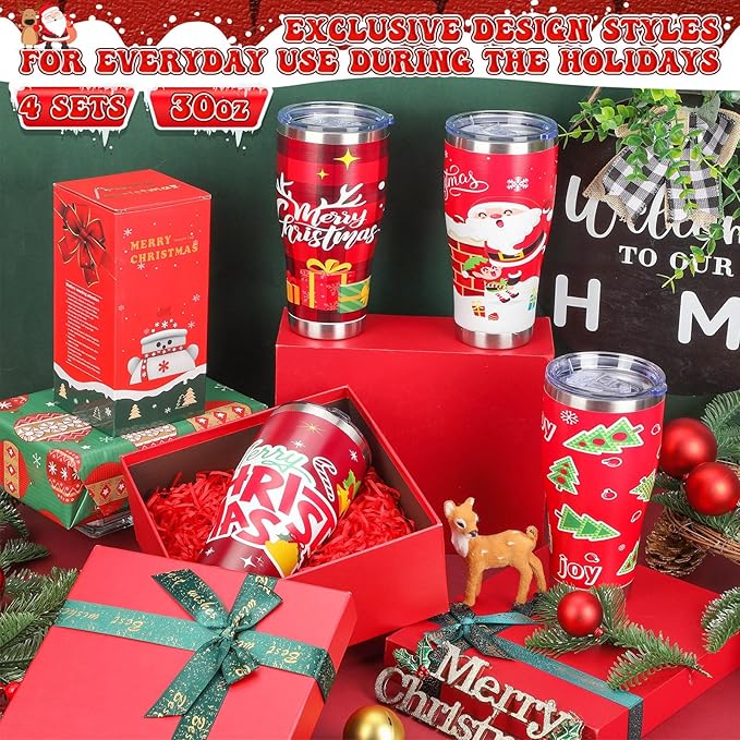 Mifoci 4 Pcs 30 oz Christmas Tumbler with Lid and Straw Stainless Steel Christmas Mug Double Insulated Cup Insulated Coffee Tumbler with Straw Brush for Holiday Coworkers Women Gifts(Style 1)
