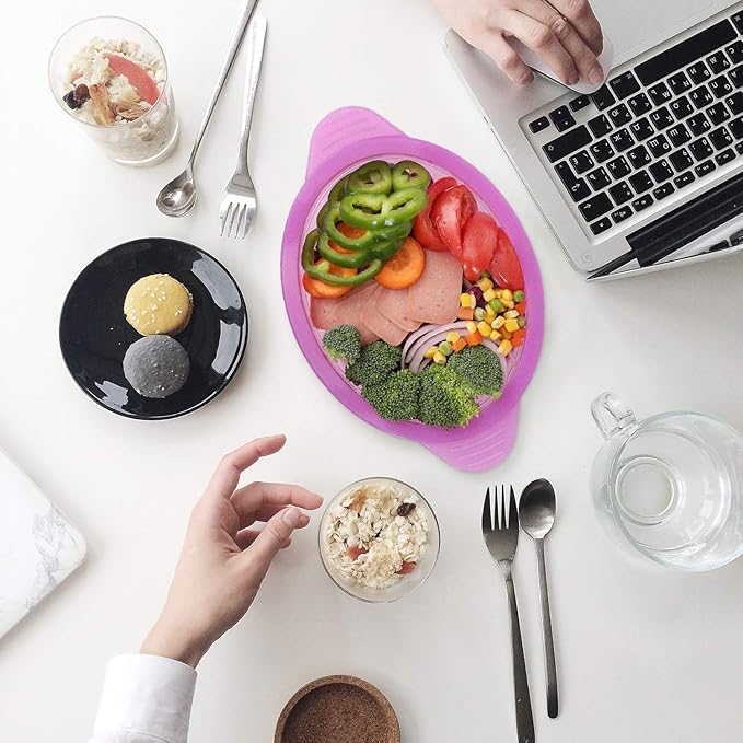 Microwave Steamer Cooker Collapsible Bowl-Silicone Steamer Cookware with Handle Lid for Vegetables Fish Prep Meal Food with Removable Rack BPA Free, Easy to Store, Freezer & Dishwasher Safe, Purple