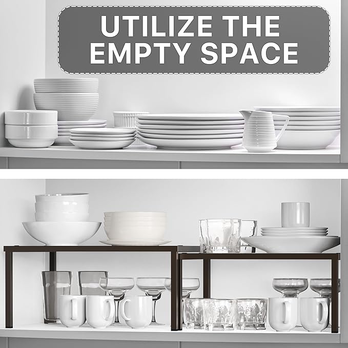Simple Houseware Expandable Stackable Cabinet and Counter Shelf Organizer with Steel Surface, 9" D x 12.75" W x 5.9" H, Bronze