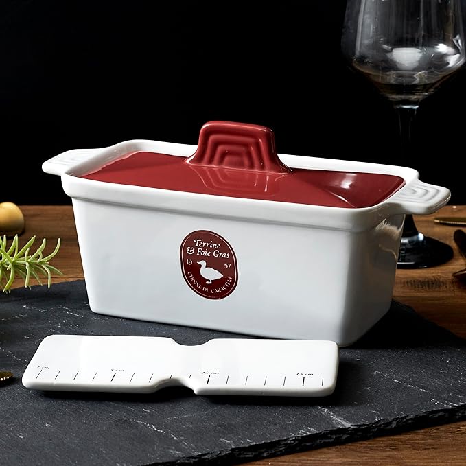 Saveur et Degustation KC2301 Foie Gras Terrine with Press, Ceramic, Red/White, 25.5 x 11 x 27 cm