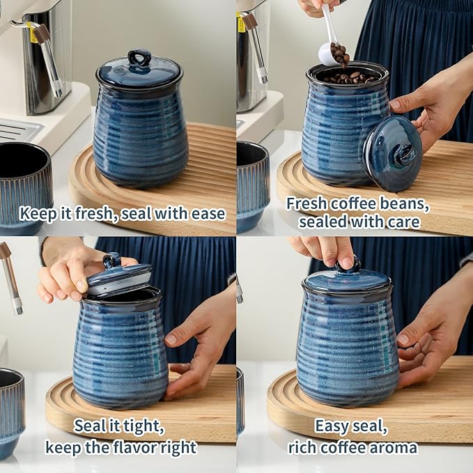 HASENSE Ceramic Food Storage Jars Set of 3,25 FL OZ Kitchen Canisters with Airtight Lids, Coffee,Tea and Sugar Containers, Farmhouse Decor for Kitchen, Blue