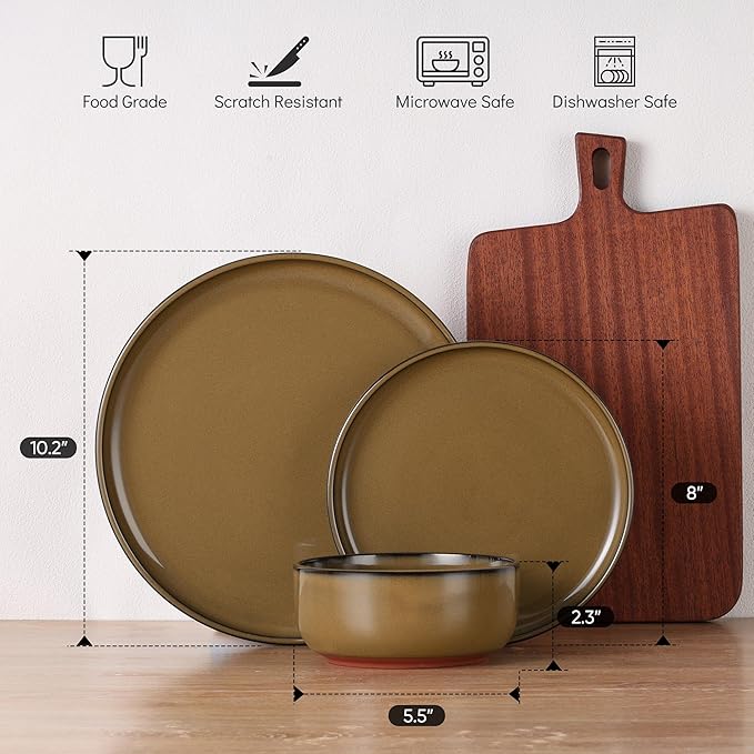 E-far Stoneware Dinnerware Sets for 6, 18 Pieces Reactive Glaze Plates and Bowls Sets, Elegant Dishes with Rustic Terracotta Clay Base, Dishwasher & Microwave Safe, Scratch Resistant, Deep Camel