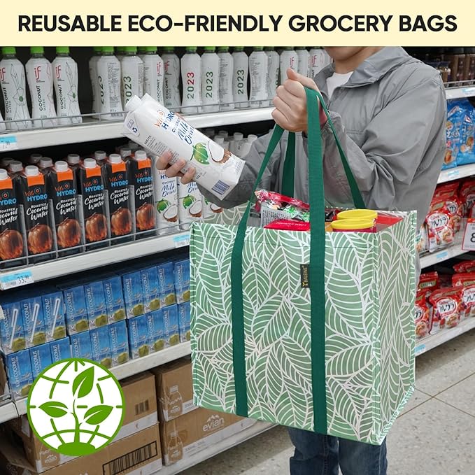BALEINE 4 PK Grocery Bags Reusable Shopping Bags with Reinforced Bottom, Heavy Duty Foldable Tote Bags (Antique Folidage)