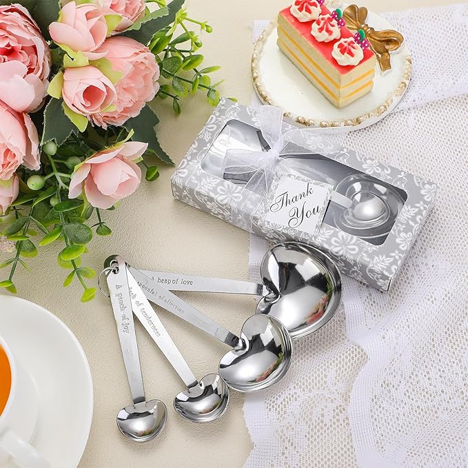 25 Set White Heart Shaped Measuring Spoons Stainless Steel Measure Tea Spoons Bridal Shower Wedding Gift Birthday Tea Party Souvenirs for Guests with Individual Package(Lovely)