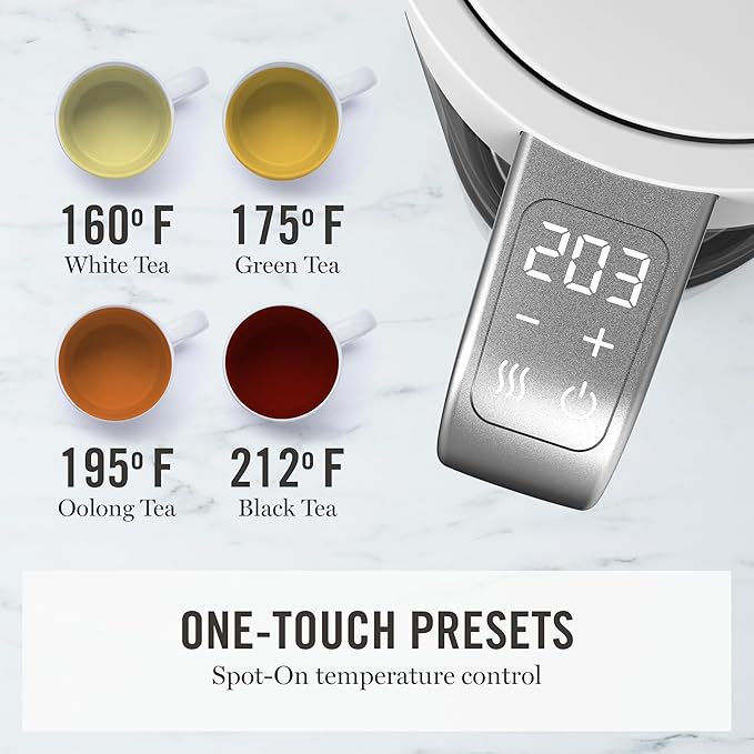 Martha Stewart  Electric Kettle with Removable Stainless Steel Tea Infuser, Glass Carafe 1.7L (7 Cups), Hot Water Boiler, 4 Presets, Keep Warm & Auto Shut-Off, Cordless 360° Swivel Base, Linen White