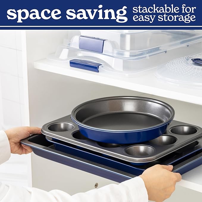Country Kitchen Baking Pans Set - 10 Piece Non-Stick Cake Pans with Carry Lids for Easy Storage & Travel, Perfect for Parties - Stackable, Navy