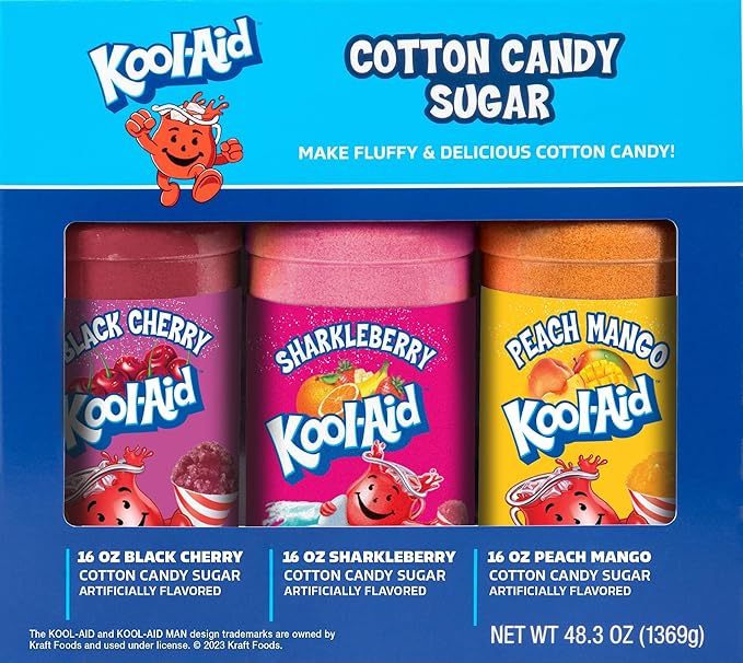 Nostalgia Kool-Aid Cotton Candy Variety Kit – 3 Flossing Sugar Flavors (Black Cherry, Sharkleberry, Peach Mango) – 7-oz Bottles – Compatible with Cotton Candy Makers – Party Supplies