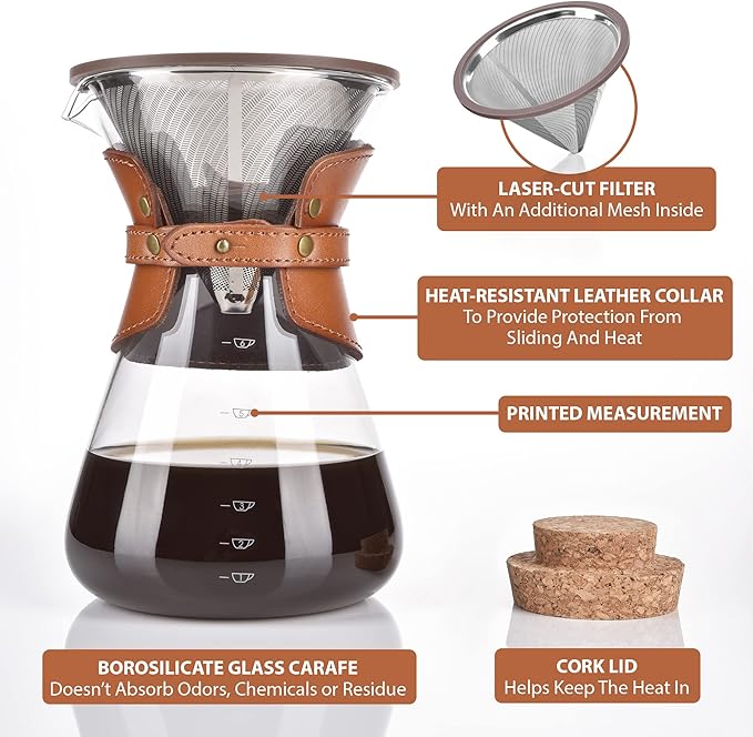 Pour Over Coffee Maker Set with Double-Layer Stainless Steel Filter, Coffee Dripper, Cork Lid and Leather Collar Holder - High Heat Resistance Borosilicate Glass Carafe, Great Gift Idea (37 oz)