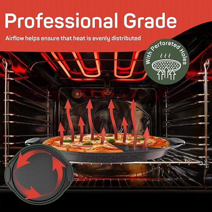 Non-Stick Pizza Pan with Silicone Handle 1 Pack, 13 Inch Round Carbon Steel Tray with Perforated Holes, Dishwasher & Oven Safe Up To 450°F, PFOAPFOSPTFE Free, Durable Nonstick Gray Marble Coating