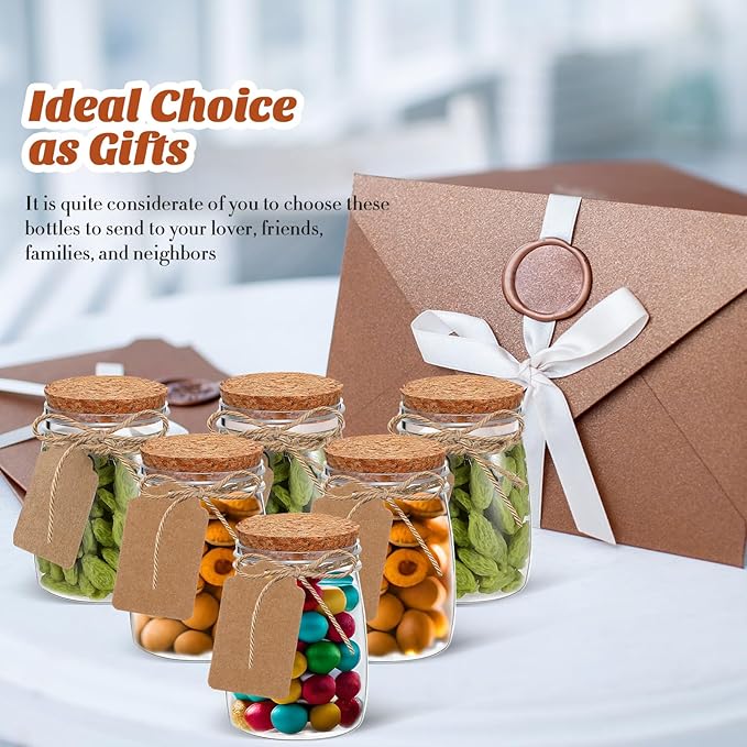 Nitial 50 Pack 5 oz Plastic Jars with Lids Bulk Yogurt Containers with Lids Gift Jars with DIY Craft Twine and Labels Gifts for Birthday Wedding Halloween Christmas Party Favor(Brown,Cork Lid)