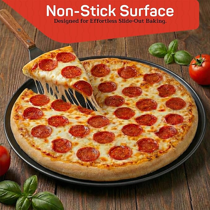 Emporio Kitchen Non-Stick Pizza Pan 2 Pack – 16 Inch Round Carbon Steel Pizza Tray with Perforated Holes, PFOAPFOSPTFE-Free, Dishwasher & Oven Safe Up To 450°F, Durable Nonstick Gray Coating