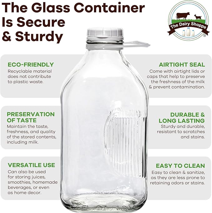 The Dairy Shoppe Heavy Glass Milk Bottle - Jug with Lid and Silicone Pour Spout - Clear Milk Container for Fridge - Reusable Glass Milk Jug Dispenser - Made in USA (64 oz, 1 Pack)