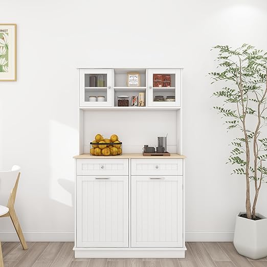 RASOO Trash Can Cabinet 67.7" Tall Kitchen Pantry Storage Sideboard Freestanding Tilt Out Trash Can 10 Gallon Glass Doors with 2 Drawers Microwave Coffe Bar