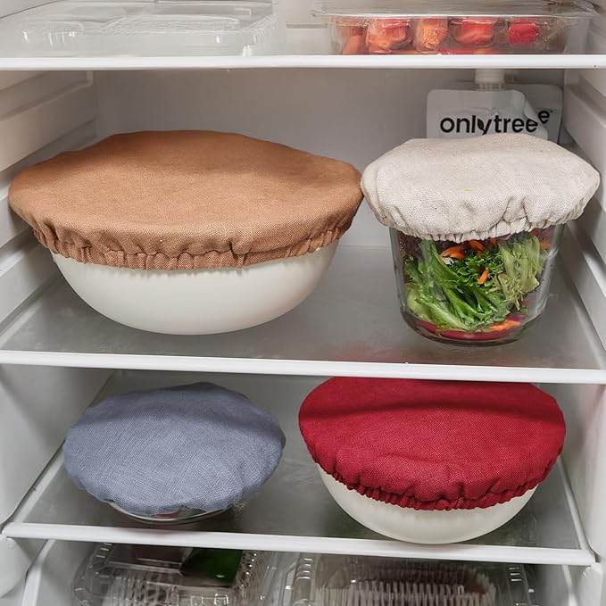 100% Pure Linen Bowl Covers For Bread Proofing, 4 Pcs Elastic Reusable Solid Color Cloth Fabric Bowl Covers,XL Organic Washable Large Stretch Sourdough Lids 6 * 8 * 10 * 12 Inches, Blue
