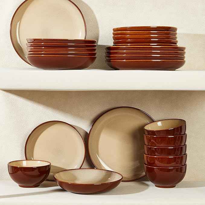 32 Piece Double Bowl Dinnerware Sets with Pasta Bowls, Highly Chip and Crack Resistant Plates and Bowls Sets, Natural Earthyware Ceramic Dishware Sets, Service for 8 Brown Yellow