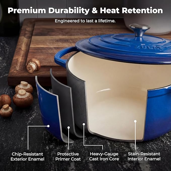 Zulay Kitchen 6 Quart Enameled Cast Iron Dutch Oven Pot with Lid – Premium Durability & Oven Safe up to 500°F – Heavy Duty Cookware Perfect for Bread Baking, Stews, Braising & Roasting - Blue