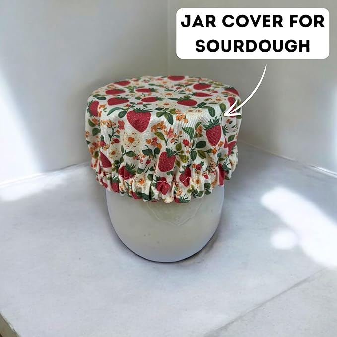 (4-Pack) Sourdough Reuseable Jar & Bowl Covers | Cute Baking Gift | 100% Cotton | Washable | Bread Proofing | Kitchen Food Storage Gifting | Starter Cover Lid Kit (Strawberry)