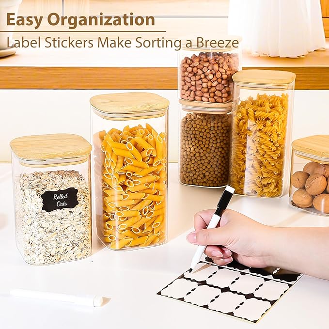 TBWIND 6 Pack Square Glass Storage Containers with Bamboo Lids (24oz/37oz/51oz) – Clear Food Airtight Canisters Sets for The Kitchen, Glass Jars for Coffee Beans, Coffee, Flour, Snacks, Spices