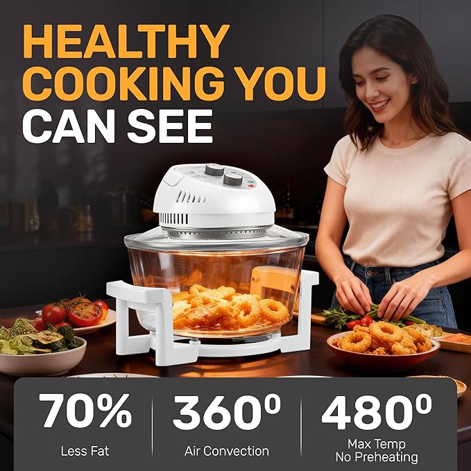 Granitestone 16Qt Large Glass Air Fryer Non Toxic – Family Sized Airfyrer Cooker with 3 Cooking Sections, Stainless Steel Racks, for French Fries, Chicken, No Preheat, Self Cleaning, Dishwasher Safe