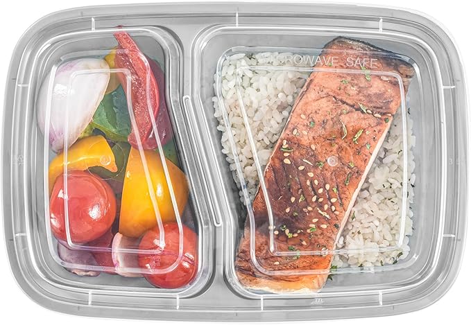 Restaurantware-Asporto 26 Ounce Compartment Take Out Boxes, 100 Microwavable Meal Prep Containers - 2 Compartments, With Clear Plastic Lids, Silver Plastic Food Containers, Do Not Contain BPA