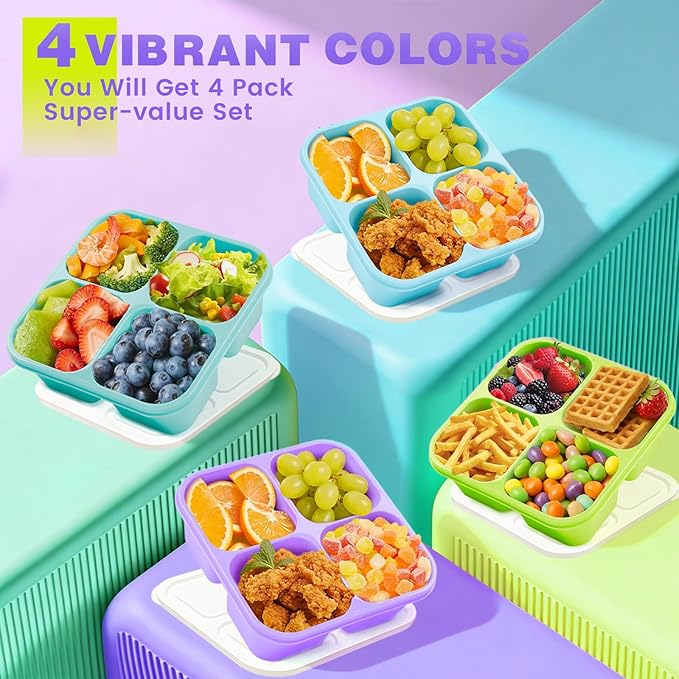 4 Pack Snack Containers Bento Box Adult Lunch Box,Meal Prep Container, Reusable Food Storage lunch Containers Stackable for Work, Travel and Gym (Blue, Green, Purple, Grass Green)
