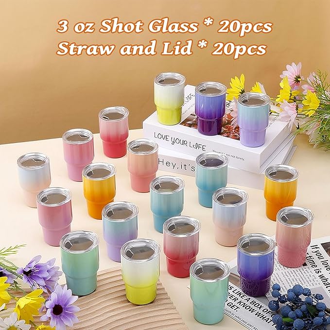 20 Pack 3 oz Gradient Mini Tumbler Shot Glass with Straw and Lid,Sublimation Shot Glasses Stainless Steel Vacuum Insulated Mini Tumblers Cups Gifts for Wedding Cocktail Party