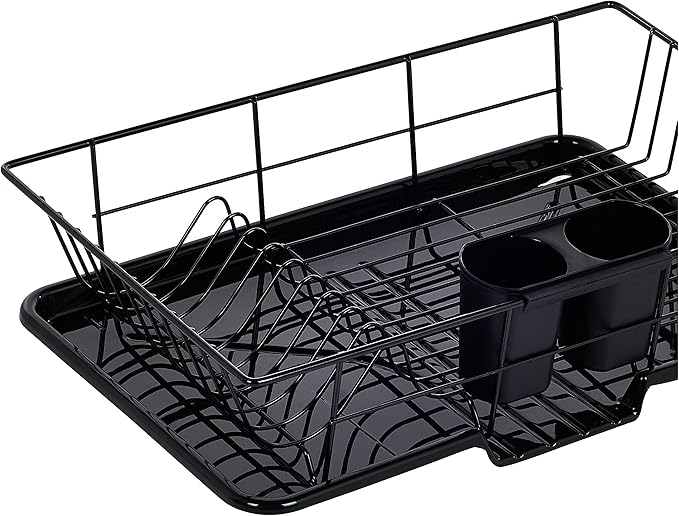 Sweet Home Collection Metal, Plasic ,Dish Drainer Drain Board and Utensil Holder Simple Easy to Use, 12" x 19" x 5", Black