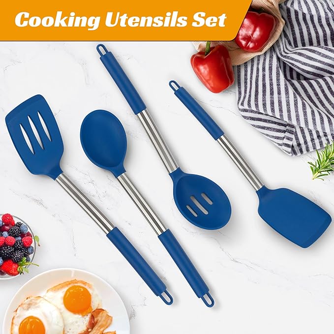 Kitchen Utensils Set of 4 Pack,Silicone Cooking Utensils Set for Nonstick Cookware,Perfect for Baking and Mixing,Spatula Set BPA Free,Dishwasher Safe,Blue
