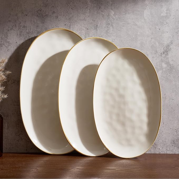 famiware Serving Platter, Oval 15.59/14.3/12.9inch Serving Dishes for Entertaining, Serving Bowls, Microwave Safe, Stoneware Serving Trays for Party, Food, Turkey, Cheese, Ocean Series, Vanilla White