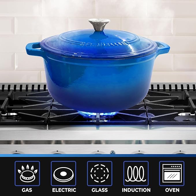 MUELLER HOME 4.5 QT Enameled Cast Iron Dutch Oven, Heavy-Duty Casserole Dish and Braiser Pan with Lid and Stainless Knob, Oven-Safe up to 500° F & Across All Cooktops, Aqua Blue