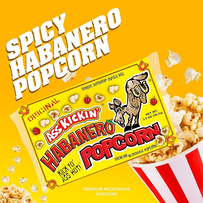 ASS KICKIN' Habanero Microwave Popcorn Bags - 12 Pack - Ultimate Spicy Popcorn Gourmet Gift - Makes a Great Movie Theater Popcorn or Snack Food for Movie Night