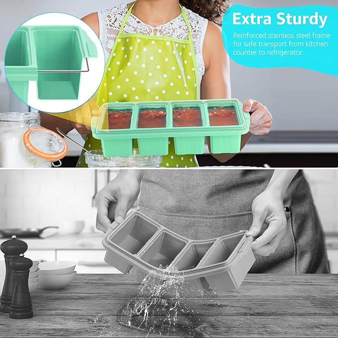 Ztomine Silicone Freezer Tray With Lid - Silicone Freezer Food Molds- Large Ice Cube Tray,Silicone Freezer Container,Freeze & Store Soup, Sauce, Broth,Leftovers - Makes 4 Perfect 1 Cup