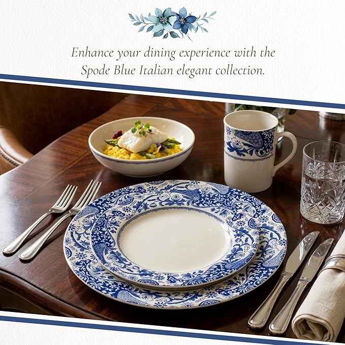 Spode Blue Italian Brocato 12 Piece Dinnerware Set | Service for 4 | Dinner Plate, Salad Plate, and Mug | Made of Fine Earthenware | Microwave and Dishwasher Safe
