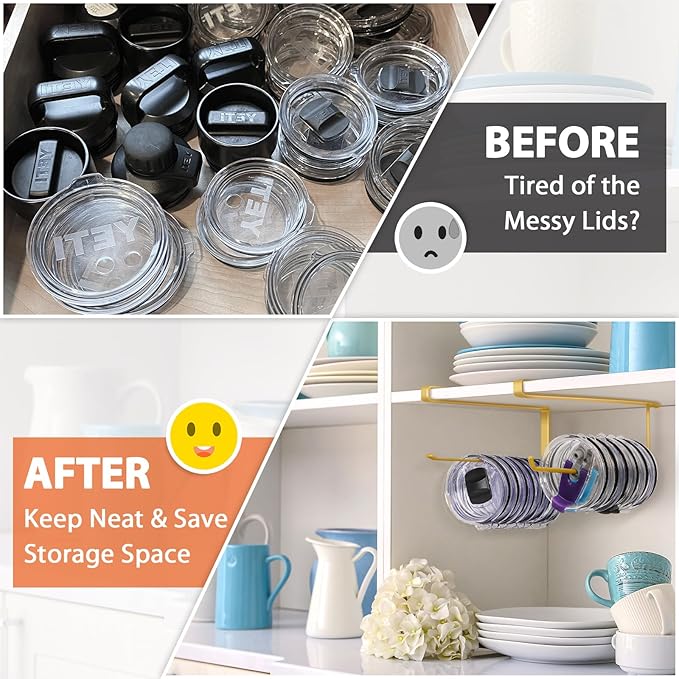 2 Pack Tumbler Lid Organizer, Horizontal Tumbler Lid Storage Hook Up to 20 Lids, Space Saving Cup Lid Holder Under Cabinet Tumbler Lid Hook for Kitchen Organizer, Paper Towel Hanger(Round&Flat, Gold)