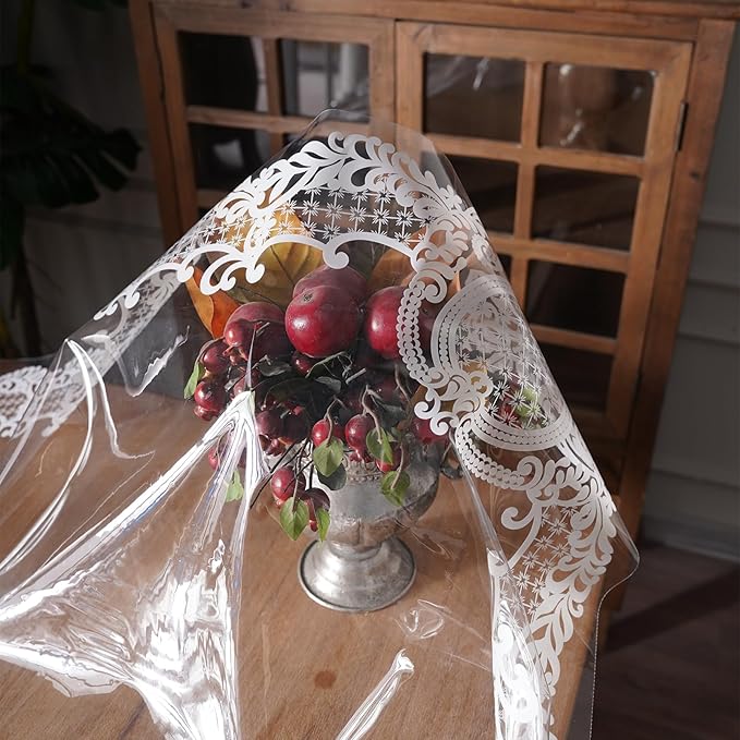 Rectangle Waterproof Clear Table Cover Protector Vinyl Table Cloth Oil Spill Proof Wipe Clean Lace Plastic Tablecloths for Dining Tables (White, 52 x 70 Inches)