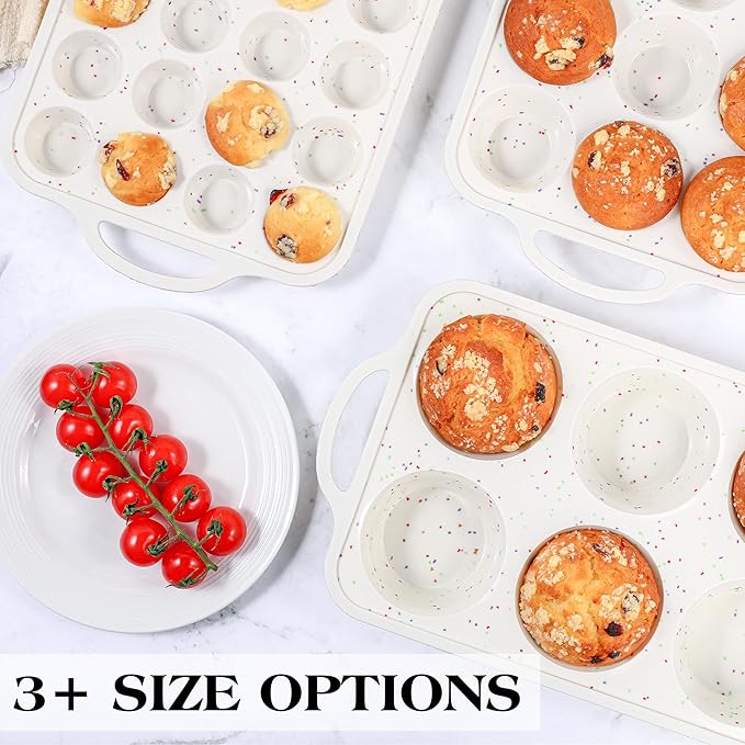 silicone muffin pan for baking with metal frame (Cream, Regular：12-Cup x 2 Pcs)
