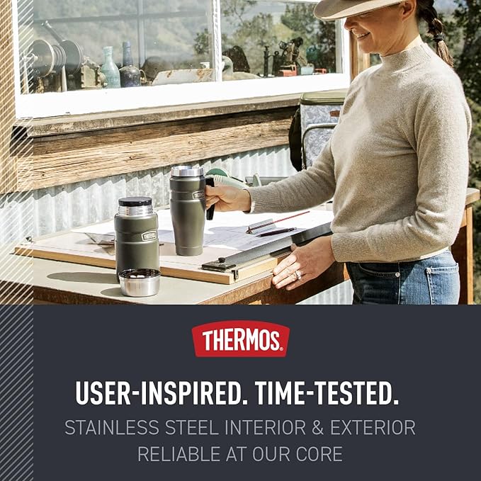 THERMOS Stainless King Vacuum-Insulated Travel Mug with Handle - 16oz, Matte Steel - Thermos Tumbler for Hot & Cold Drinks - Leak-Proof & Sweat-Proof Stainless Steel Coffee Mug with Lid for Commuting