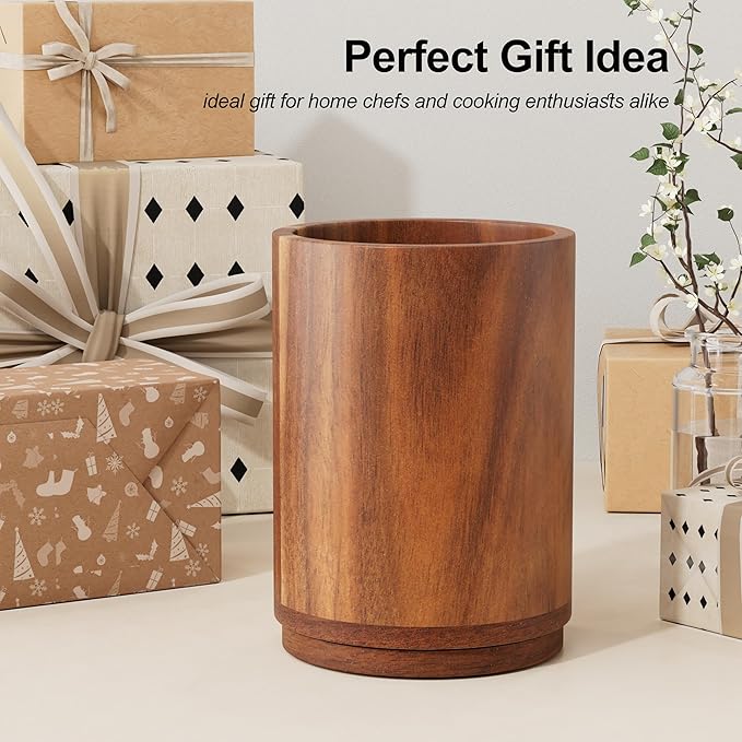 ZUJJAFY Utensil Holder, 360° Rotating Acacia Wood Kitchen Utensil Holder for Counter, 7.2" Large Cooking Utensil Crock for Countertop, Wooden Utensils Organizer for Cooking Spatula Storage