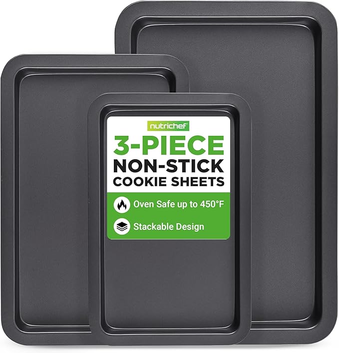 NutriChef 3-Piece Nonstick Baking Sheet Set – Non-Toxic Cookie Sheets for Everyday Baking – Small, Medium & Large Oven Safe Bakeware Trays – Warp-Resistant, Easy to Clean & Dishwasher Safe