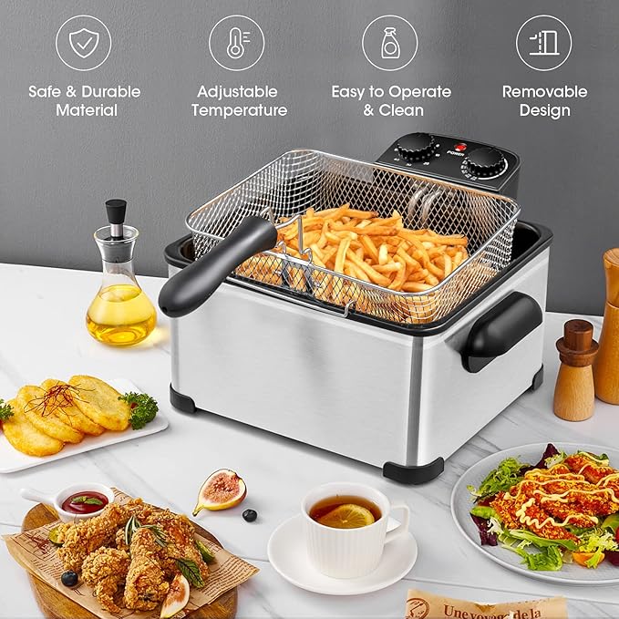 Giantex 1700W Electric Deep Fryer with 3 Baskets, 5.3QT/21-Cup Frier Cookers Home Fryer, Large Oil Container, Lid with View Window, Adjustable Temperature and Timer, Family Kitchen Restaurant Use