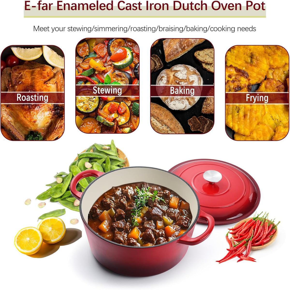 E-far Dutch Oven Pot with Lid, 5 Quart Enameled Cast Iron Round Dutch Oven Stockpot for Bread Baking/Braising/Cooking/Roasting/Stewing, Heavy Duty Nonstick Cookware Safe for Induction & Oven - Red